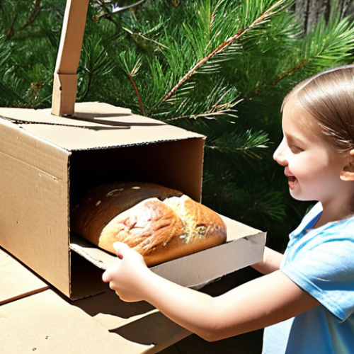 Home 4 A child, around 8 years old, excitedly checks on a small loaf of bread baking inside a homemade solar oven, made from cardboard and foil, set up in a sun-drenched natural outdoor setting. Nearby, other children are engrossed in creating imaginative art using various natural elements like twigs, leaves, and pinecones, showcasing hands-on STEM and creative expression.