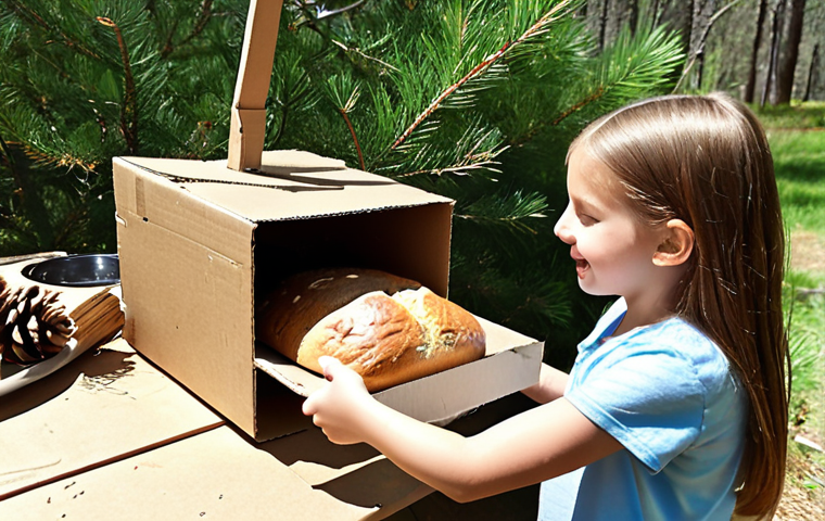 A child, around 8 years old, excitedly checks on a small loaf of bread baking inside a homemade solar oven, made from cardboard and foil, set up in a sun-drenched natural outdoor setting. Nearby, other children are engrossed in creating imaginative art using various natural elements like twigs, leaves, and pinecones, showcasing hands-on STEM and creative expression.